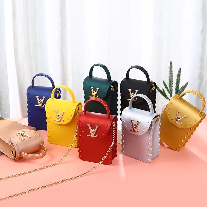 

2020 Fashion Mini Square Telephone Bags Women Handbags Luxury Crossbody Rivet PVC Jelly Rivet Purse for Women, Picture color