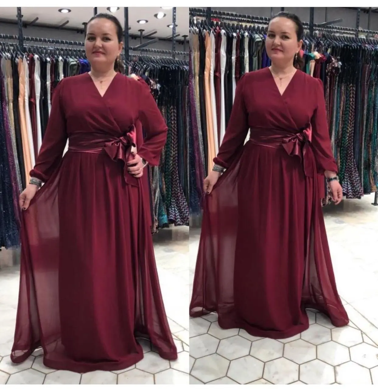 

African women's clothing chiffon v-neck The lantern sleeve Bow around the waist long elegant evening dinner dress