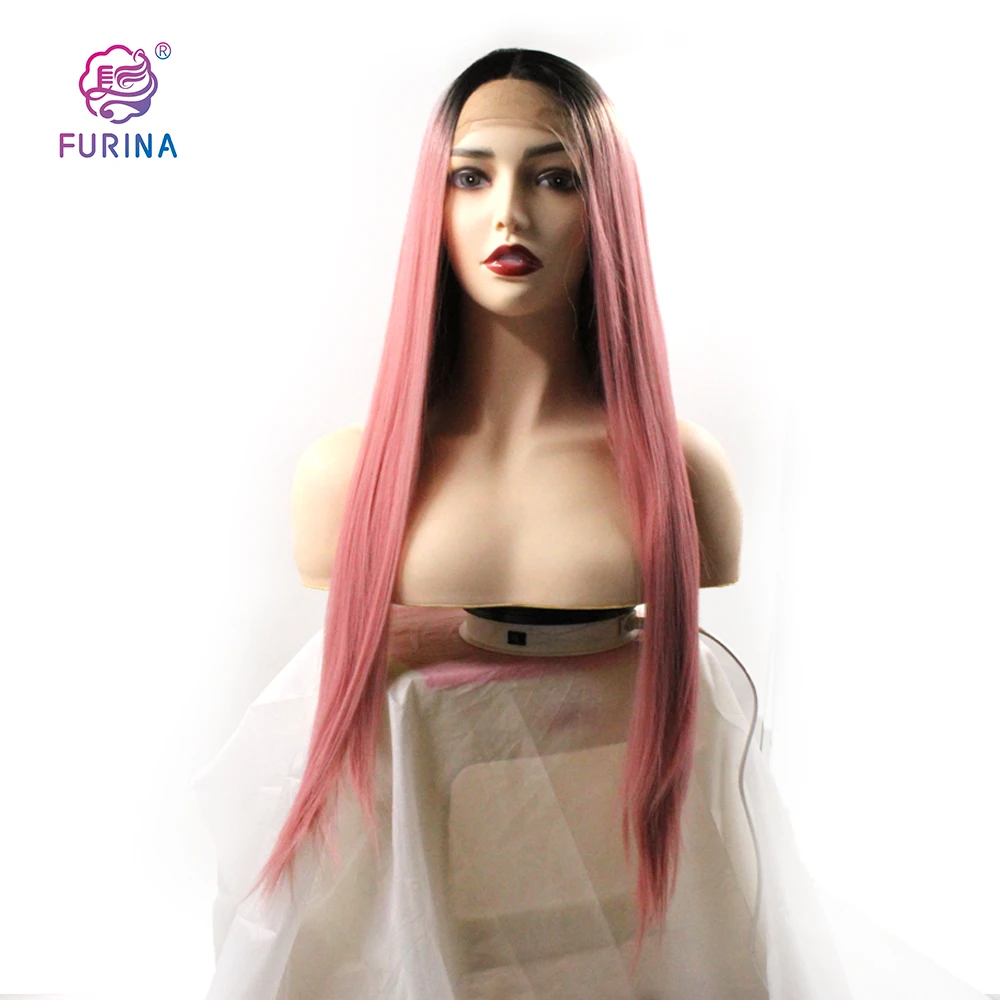 

Long silky straight high temperature fiber 13*4 middle part Korea 1b/pink straight lace front wigs