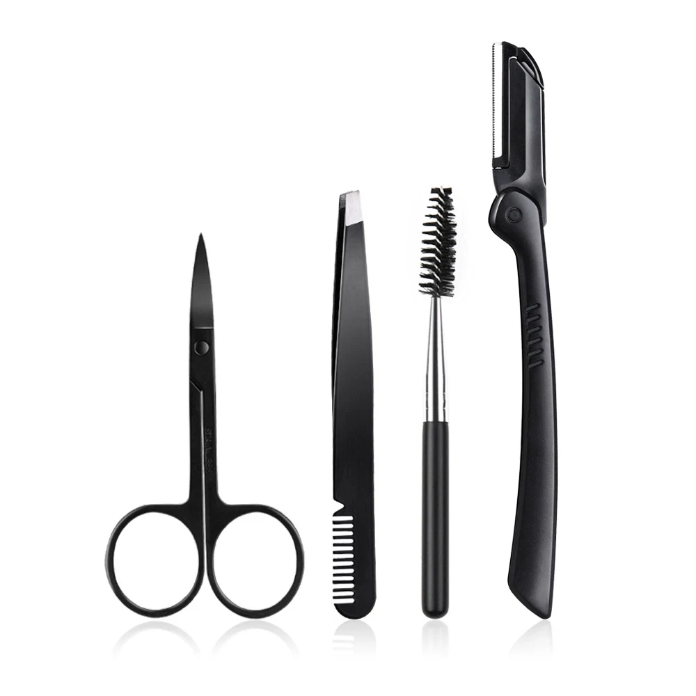 

4PCS Customized Logo Eyebrow Shaping Tools Kit Eyebrow Tweezers Set Brow Razor, Black