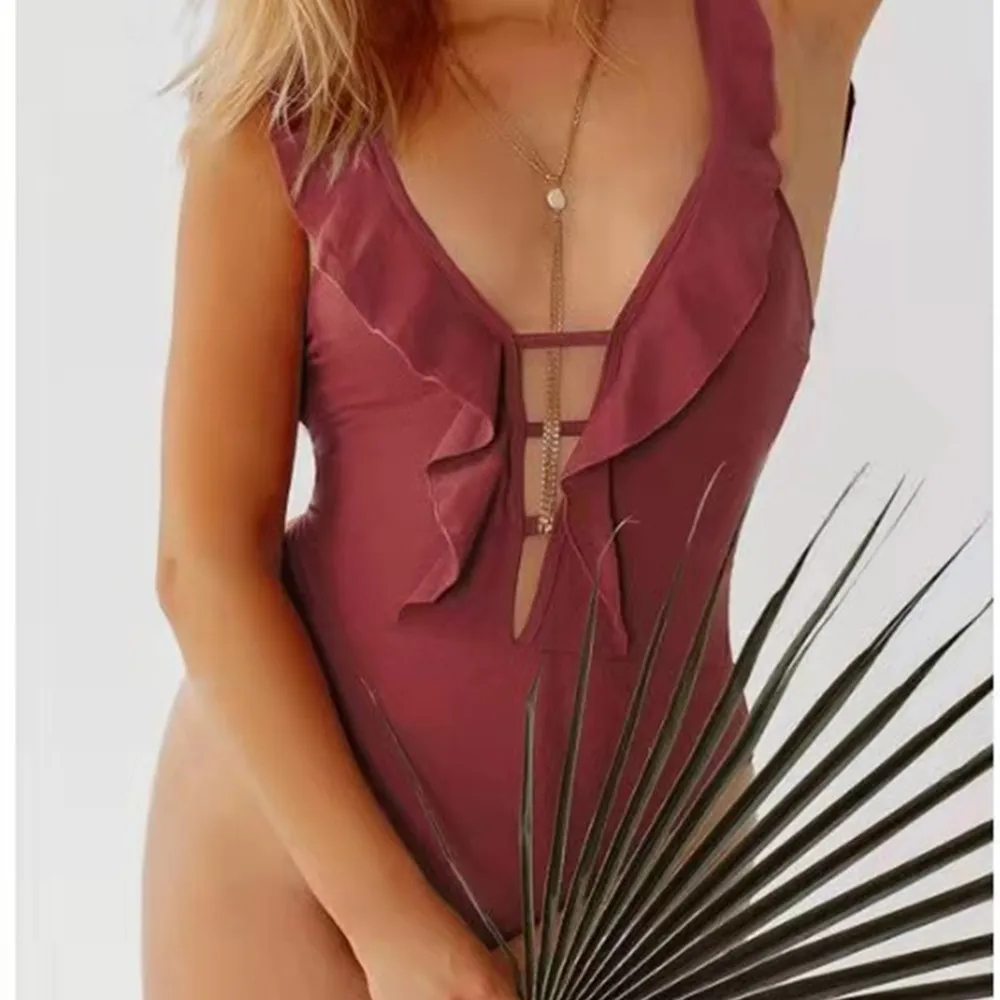 

D 2021 new swimsuit solid color ruffled multi-rope ladies one-piece bikini