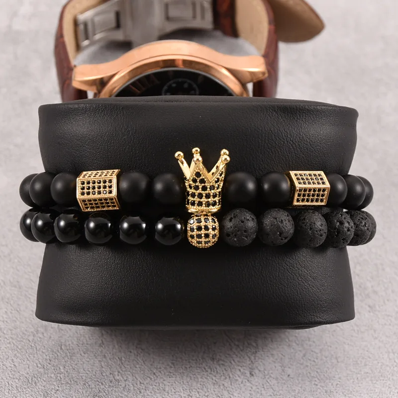 

European Hot Sale Watch Accessories Men's Elastic 2Pcs/Set Natural Black Lava Stone Onyx Bead CZ Balls Crown Bracelet Set