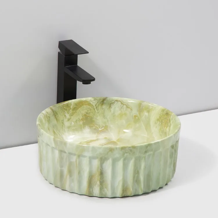 green-marble-bathroom-sink-9743-P-520-side-profile-fluted-channels-green-onyx-cloud-pattern-grey-background