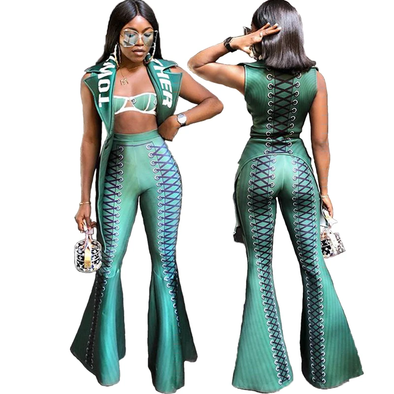 

Comfortable skincare Premium stretch printed jacket cardigan flared pant green suit for women FM-CY8229, As pictures