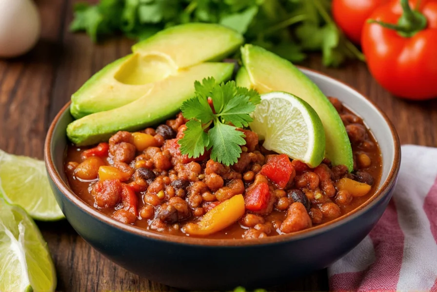 Bowl of vegetarian chili topped with avocado slices, cilantro, and lime wedges