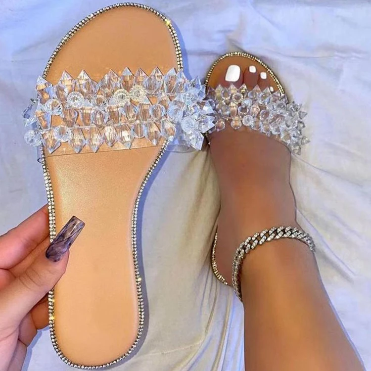 

Tie Dye Candy Flat Heels Fashion 2021 Summer Clear Crystal Rivet Luxury Diamond Sandals For Women And Ladies