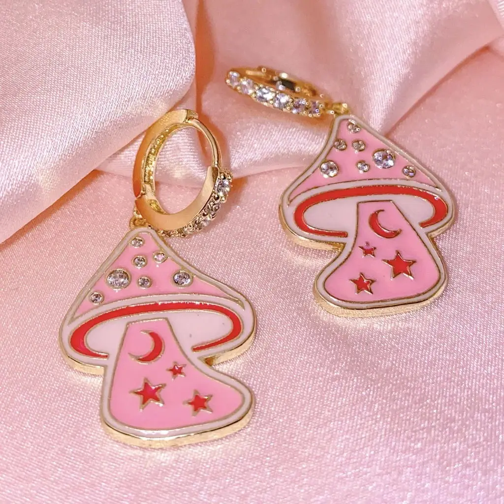 

New Arrival Cute Mushroom Design Pink Moon Star Drop Hoop Earring, Picture
