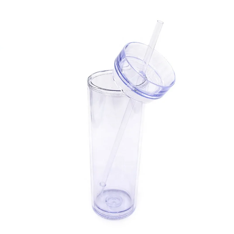 

wholesale 16oz 480ml double walled clear skinny acrylic tumbler cups with lids and reusable straws, 6color