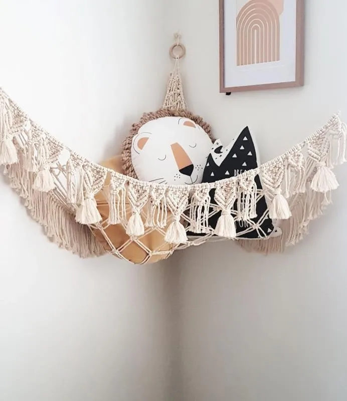 

Boho Style Beige Handmade Woven Toy Storage With Beads Hanging Tassels Macrame Hammock, Custom as request