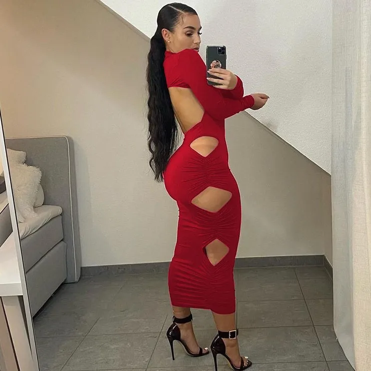 

X01351S Spring 2021 new high-necked, long-sleeved, backless diamond cut-out dress, Red