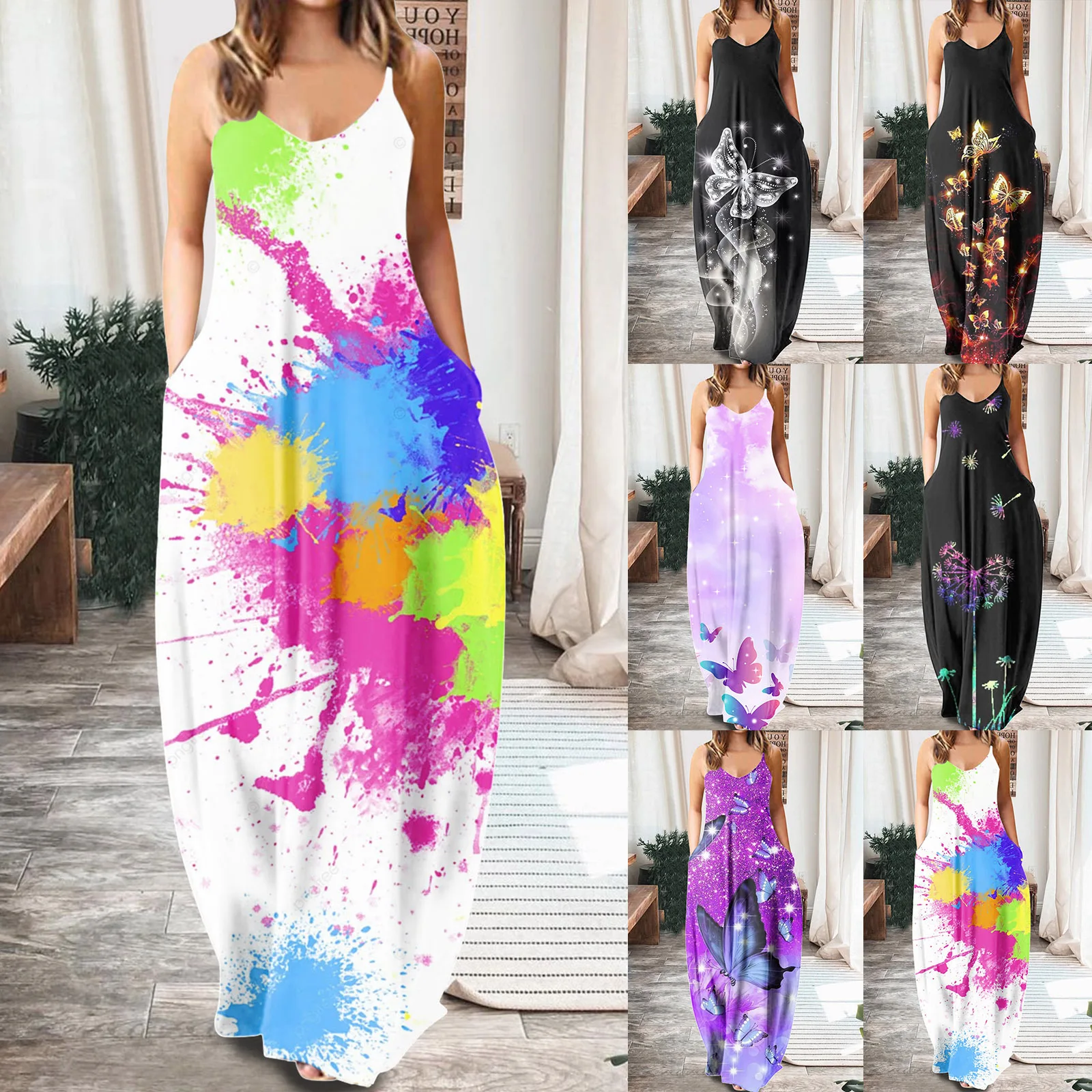 

Summer Dress 2022 Deep V Halter Stretchy Print Womens Fashion Casual Loose Long Maxi Dress Women Sexy Dresses, Black