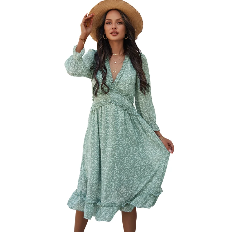 

2021 new arrivals puff sleeve deep v neck boho ruffle print midi dress, 6 colors