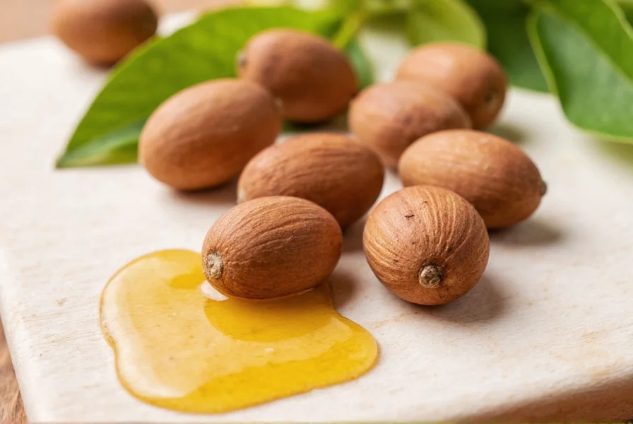 Nutmeg seeds and extracted essential oil showing amber liquid in glass dropper bottle
