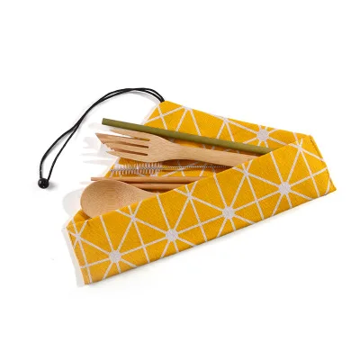 

Japanese bamboo dinner cutlery set environmental health knife fork spoon chopsticks straw tableware, As picture