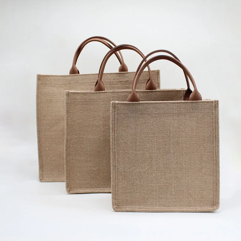 

Drop Shipping Ready To Ship RTS Eco-friendly Recycle Natural Reusable Jute Linen Shopping Tote Bag, Natural burlap
