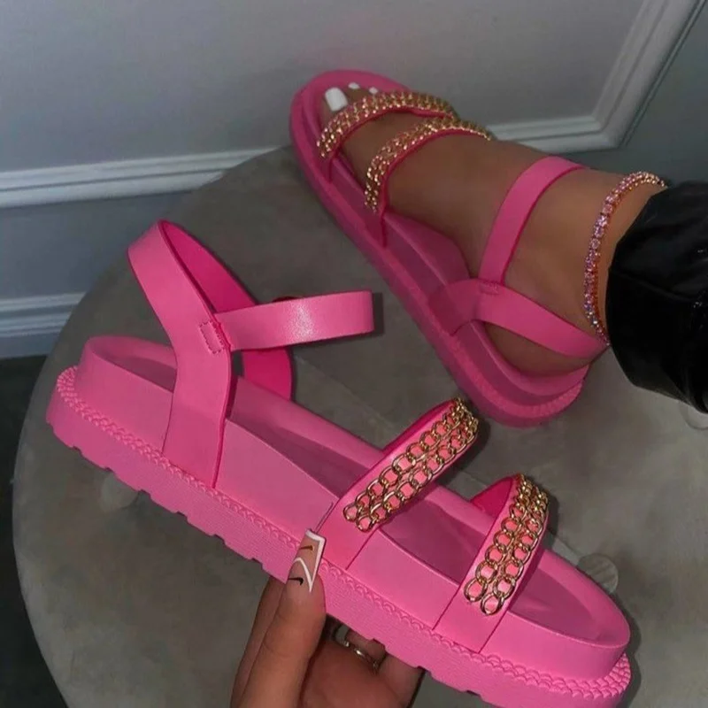 

Hot Pink Women Sandals 2021 Summer New Arrival Metal Chain Flat Thick Sole Large Size Ankle Buckle Platform Shoes For Ladies, Black white pink orange