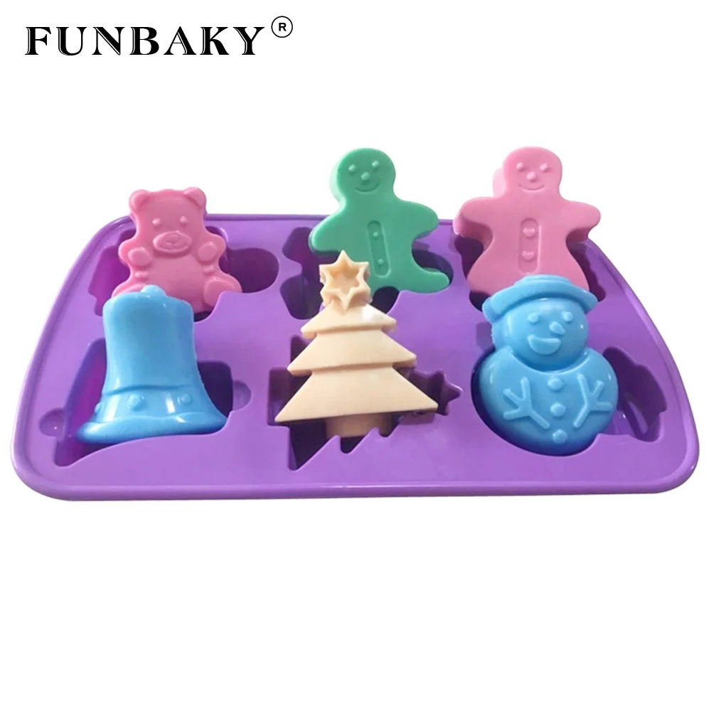 

FUNBAKY JSC001 Merry Christmas nonstick 6 cavity bell snowman bear shape cake mold silicone Christmas tree shape bakeware tools, Customized color