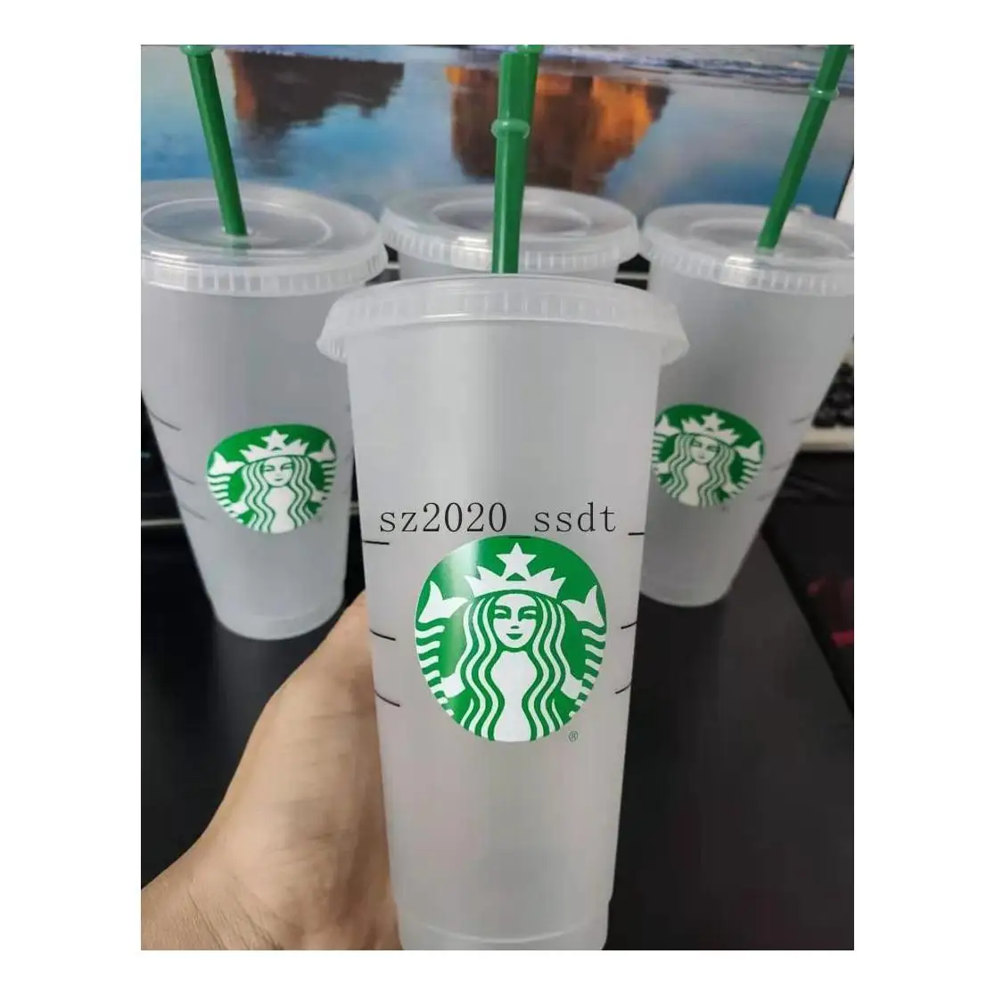 

Starbucks 24Oz710Ml Plastic Mug Tumbler Lid Reusable Clear Drinking Flat Bottom Pillar Shape Straw Bardian Color Changing Flash