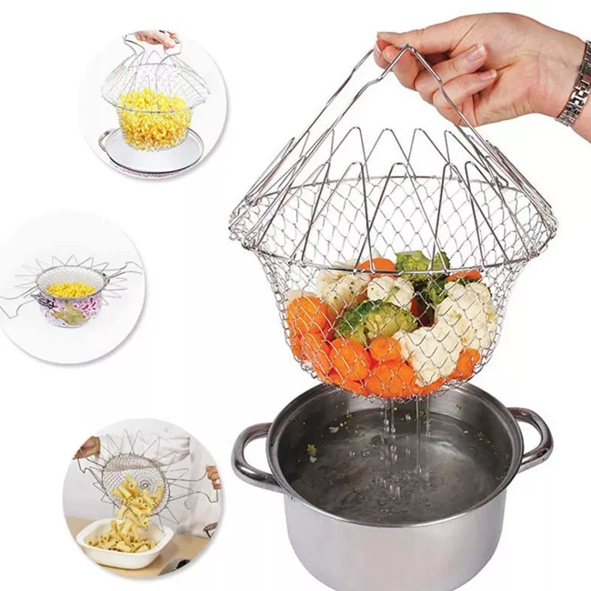 

Dropshipping Stainless Steel Fry Steam Rinse Strain Fry Strainer Folding Kitchen Cooking Set Food Folding Basket Utensil Cooking