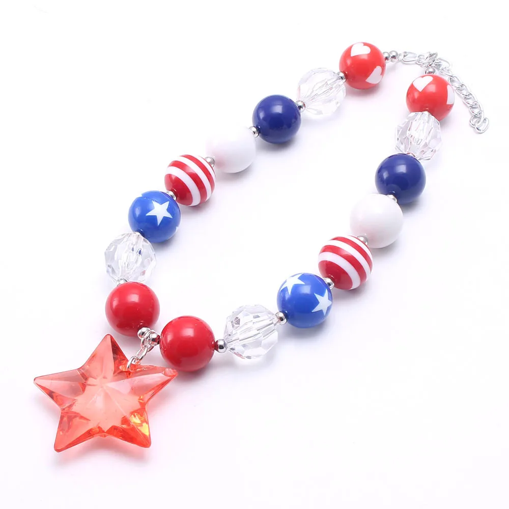 

4th Of July American Pentagram Pendant Chunky Baby Necklace Handmade Jewelry Gift For Little Girl, Same as picture
