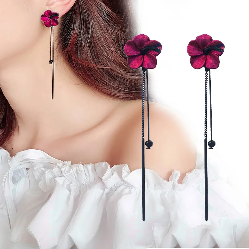 

Flower tassel long earrings Korean temperament personality earrings women, Red