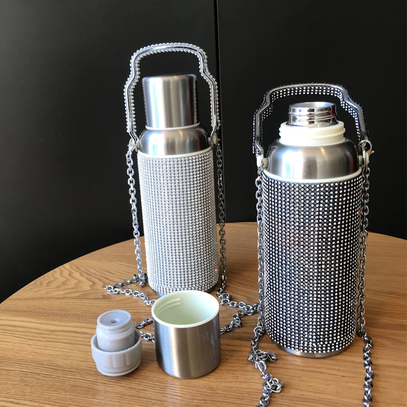 

Portable Rhinestone Diamond Double Layer Stainless Steel Water Bottle Outdoor Sports Travel Metal Termos Vacuum Flask Wholesale