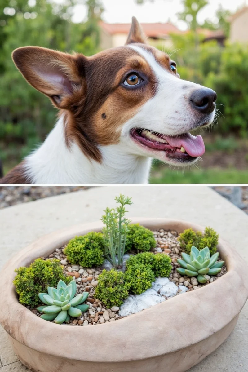 Raised wooden bed filled with colorful echeverias and sedums, elevated off the ground to keep away playful paws.