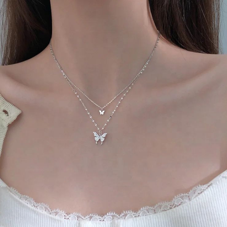 

Wholesale Fashionable double layer necklace butterfly necklace women, Silver color