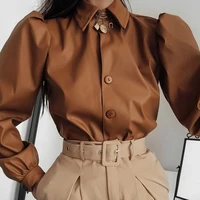 

Puff Sleeve Faux PU Leather Solid Buttons Fashion Elegant Retro Office Ladies Tops Blouse For Women