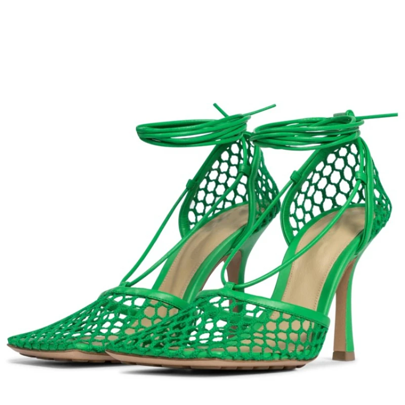

Trendy Color Sandalias Romanas Top Quality Stiletto Summer Sandals Square Toe Ankle Lace up Net Mesh Heels, Green, red, yellow, black, beige