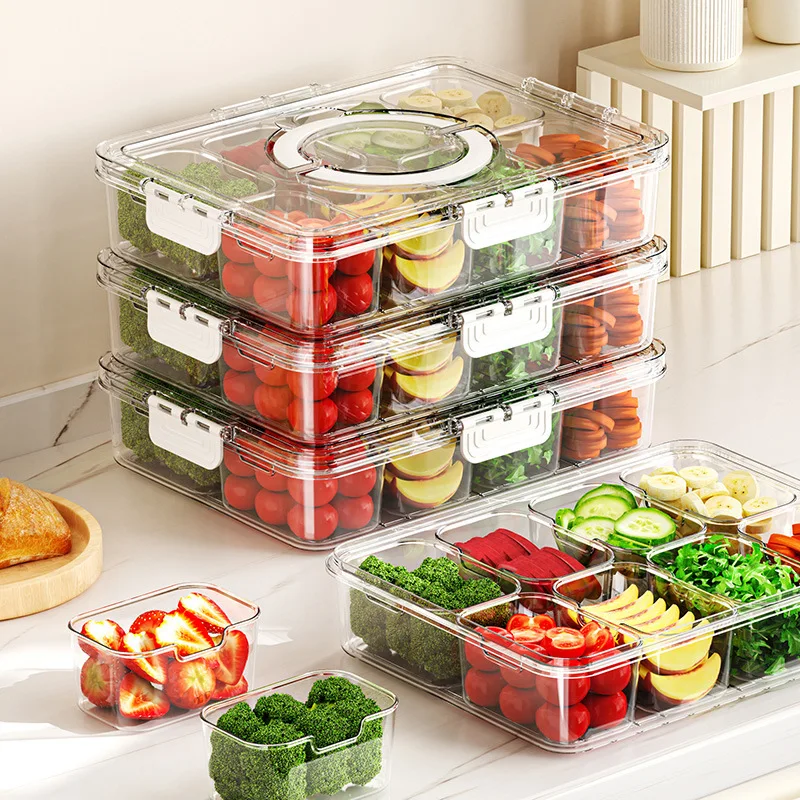Kitchen Clear Sealed Portable Plastic Spice Container Snack Storage Snackle Divided Serving Veggie Tray Box With Lid and Handle