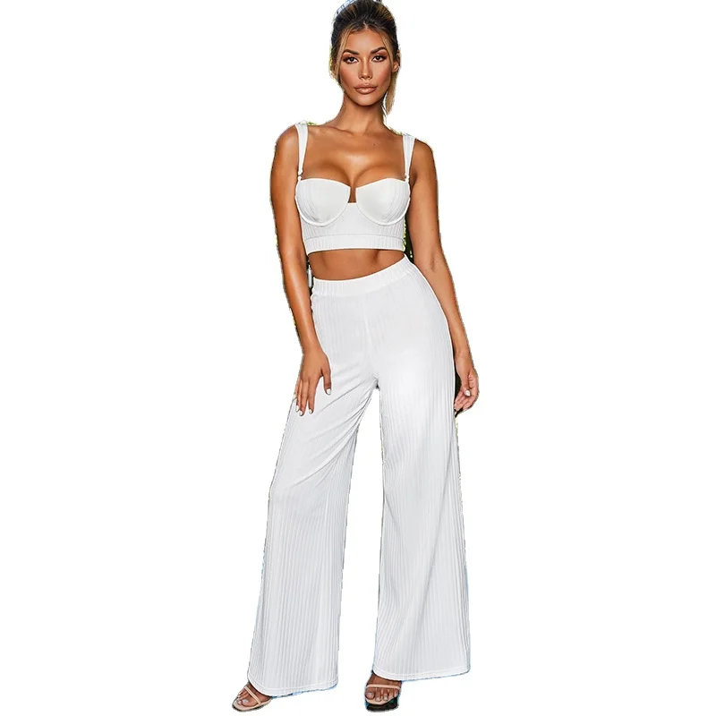 

XFD8434 two piece pants set women sleeveless V neck top+loose pants show waist casual clothes, Shown