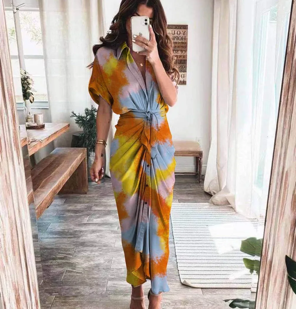 

Private Label floral silk dress Ladies printing scrawl casual dresses One piece lace-up skirt