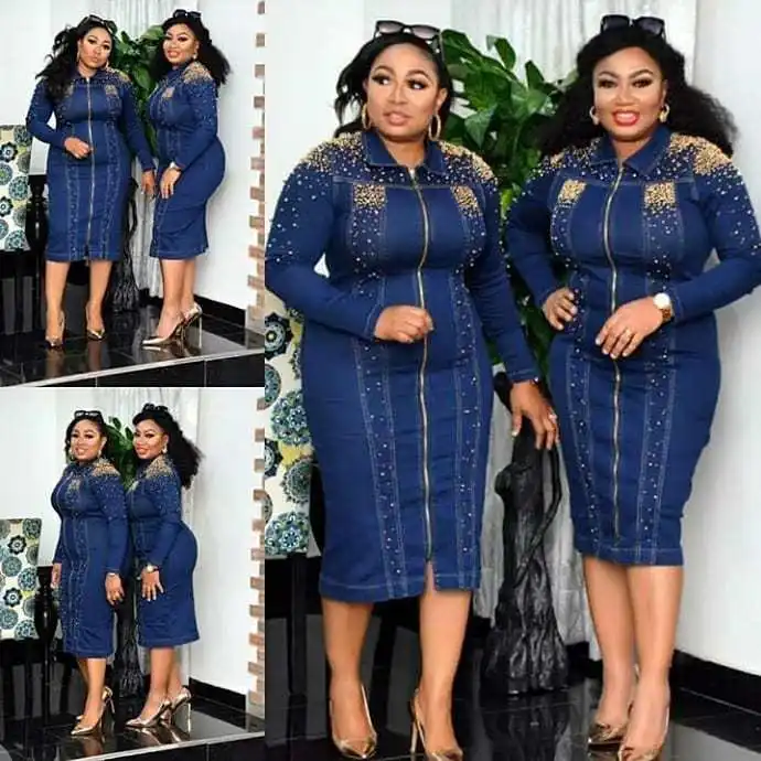 

Plus Size women denim dresses long sleeves Casual Office Jeans Dress Denim Blouse Dresses, As showed
