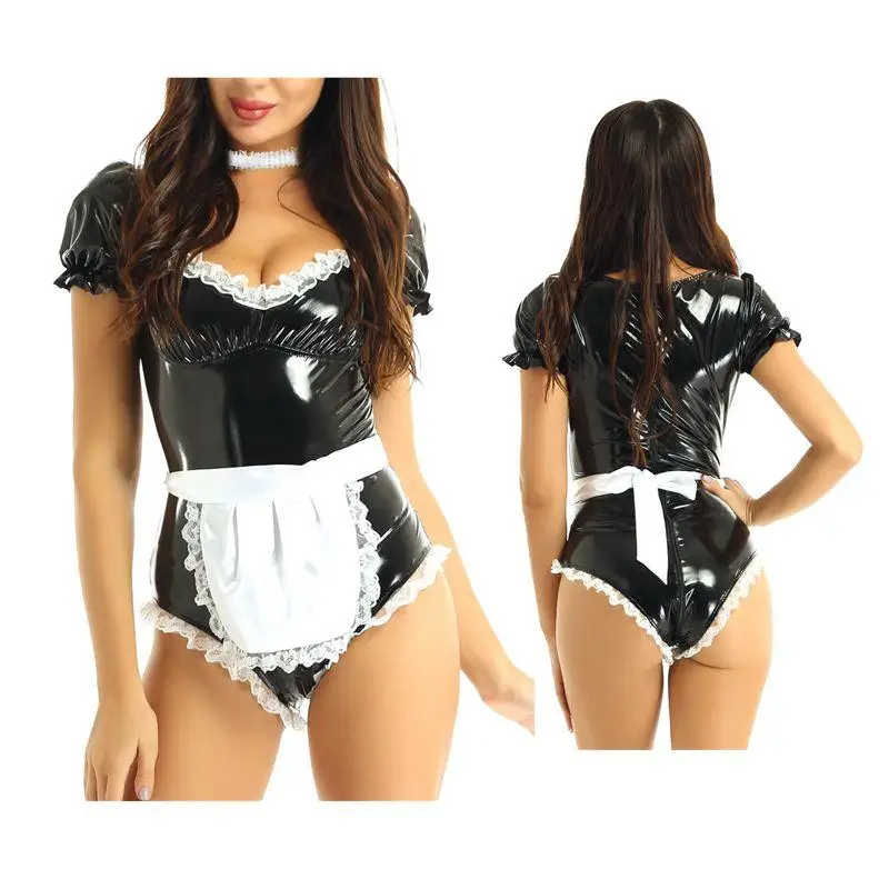 

High Quality Sexy Women Leather Maid One-Piece Zipper Crotch Bodysuit Leotard For Women