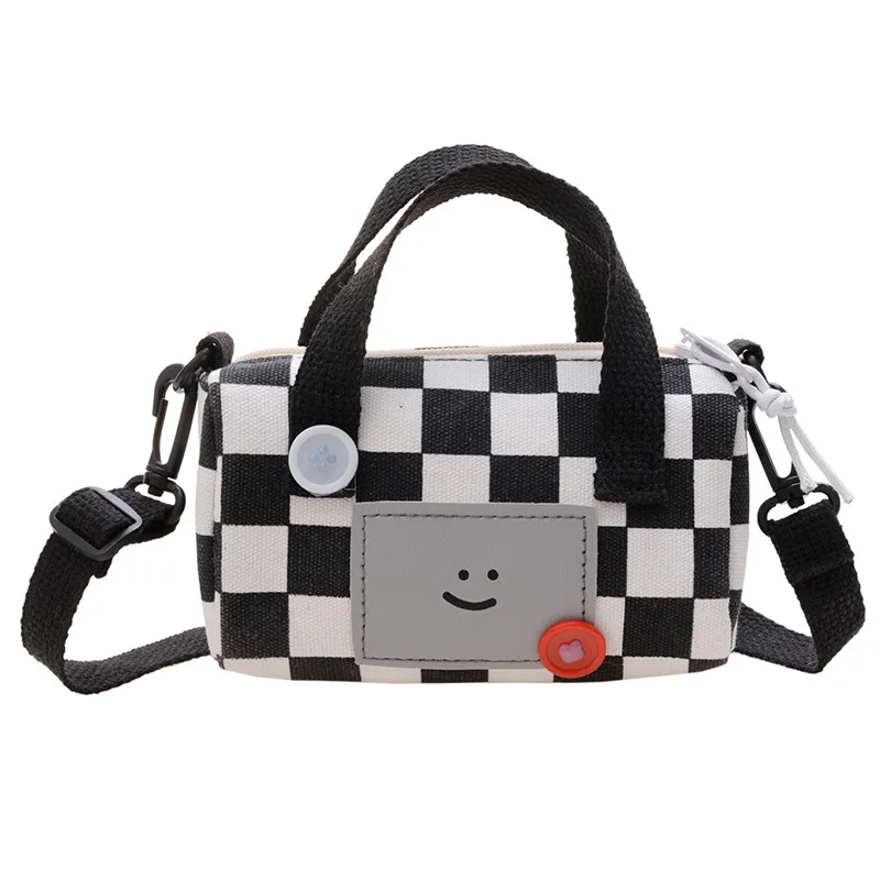 

Custom Checkerboard Canvas Children Lightweight Sports Travel Satchel Cute Small Smiling Face Canvas Shoulder Bag, 5 colors