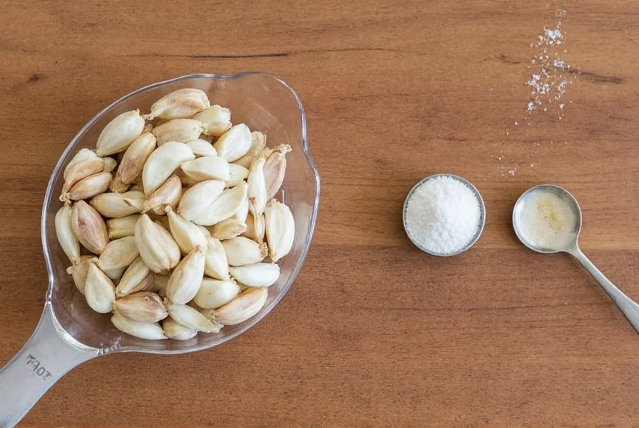 Close-up comparison of garlic cloves next to measuring spoons showing minced garlic equivalents