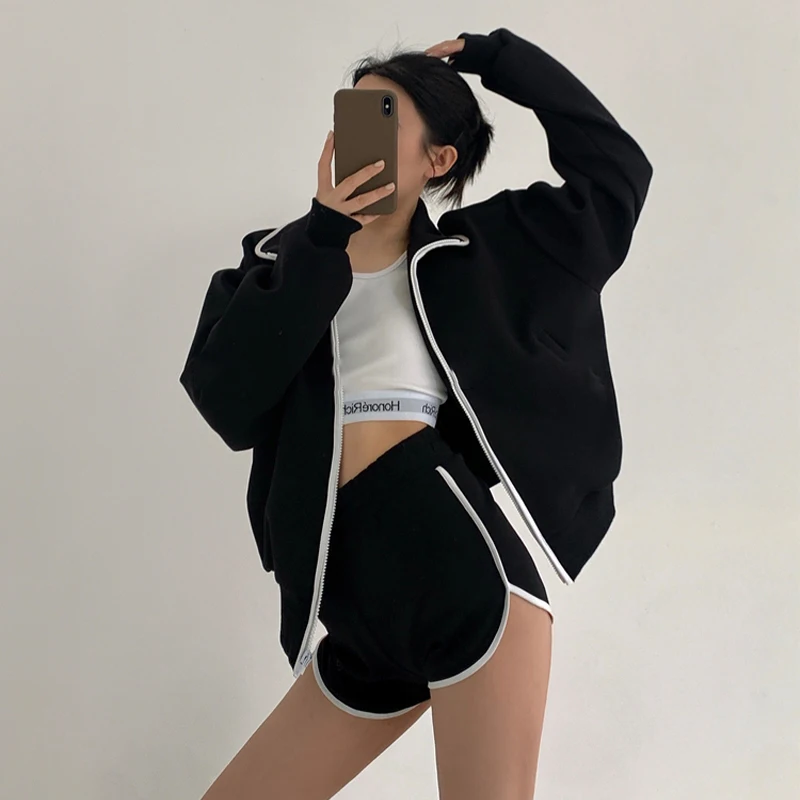 

2021 custom logo 2pc short sets women comfy cotton sport wear zipper hoodie and short set women 2 peice short sets, Customized colors