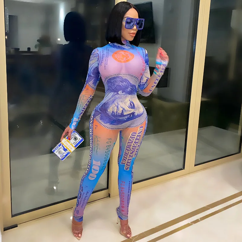 

New Style Casual Dollar Printed Pattern O-Neck Women Bodysuit Jumpsuit Slim Long Sleeved Long Pants