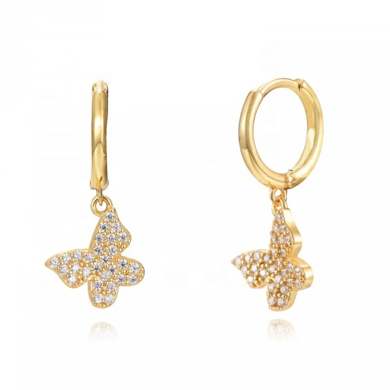 

Milskye wedding jewelry sets 925 sterling silver 18k gold plated cubic zircon butterfly drop hoop earrings