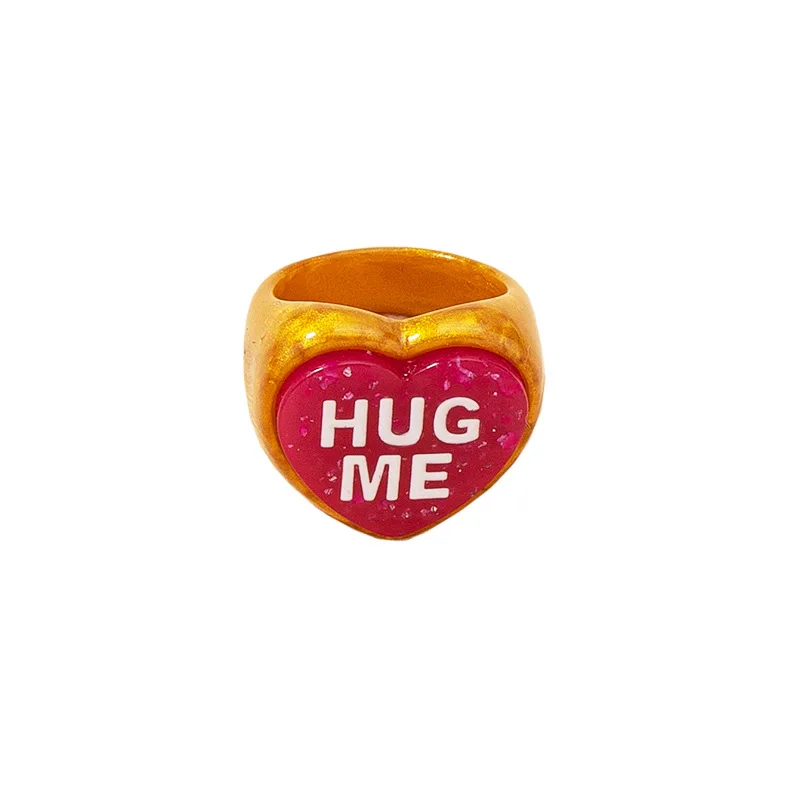 

2021 New Fashion Candy Color Girl Accessories Heart Shaped Hug Me Letter Acrylic Resin Ring, Like picture