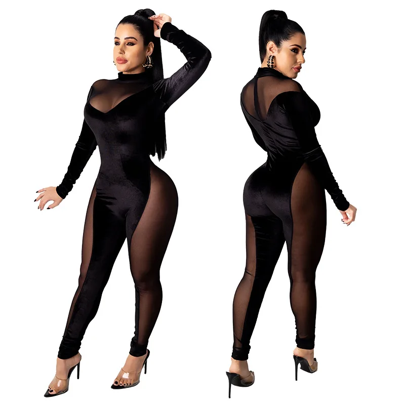 

2020 new European and American women's hot style sexy mesh stitching jumpsuits