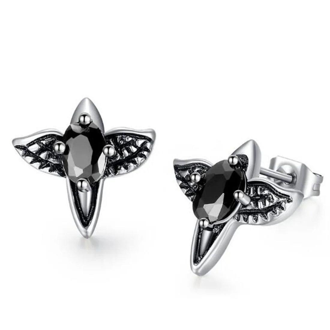 

ERJSF00029 Retro Mens Womens Surgical Steel Feather Angle Black CZ Stone Stud Cartilage Earrings
