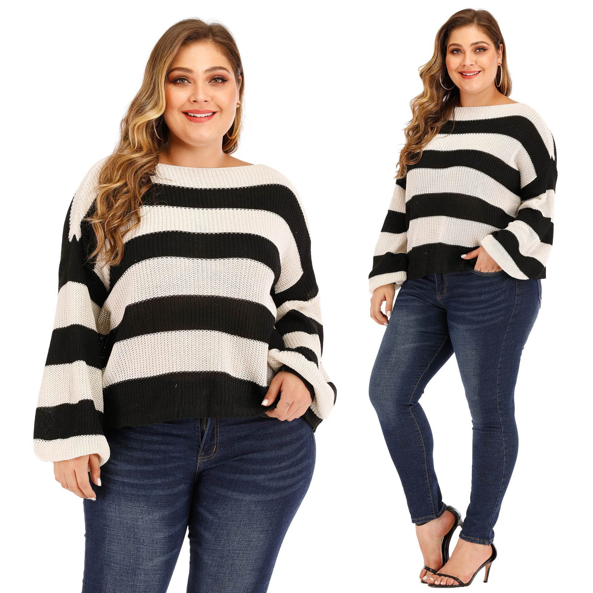 

large size women's striped lanterns sleeves loose short sweater for fat women stitching oversize sweater tops
