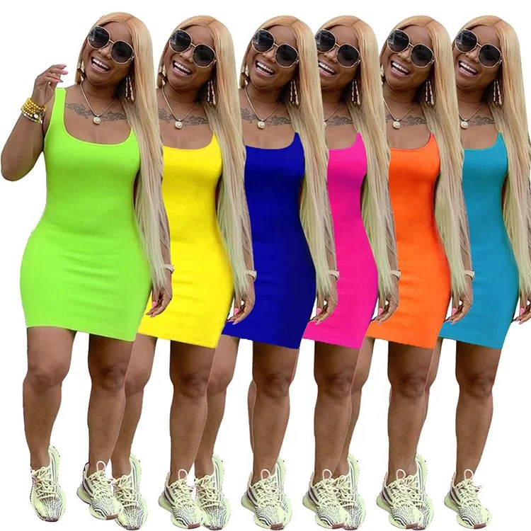 

Fashion Solid Color Summer U-neck Sleeveless Sexy Casual Bodycon Dresses Women Clothes