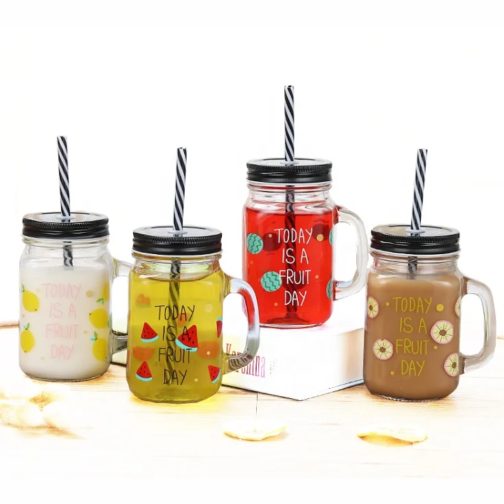 
16oz 20oz Glass Mason Drinking Jar with Tin Iron Lid and Straw and different decal printing on glass 