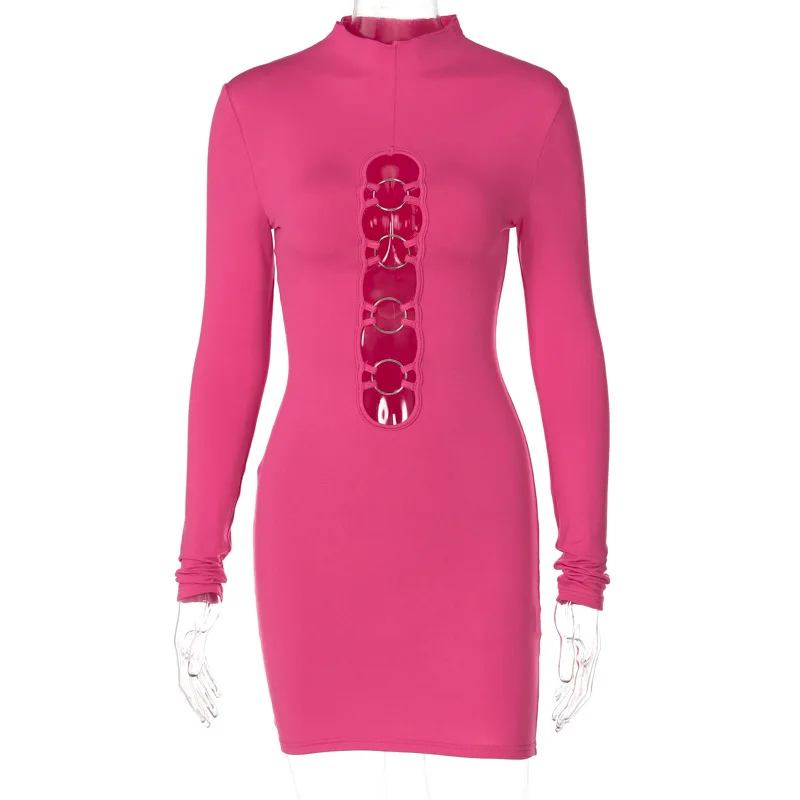 

2021 Women Autumn New Solid Color Long Sleeve Sexy Hollow Bodycon High Neck Casual Dress