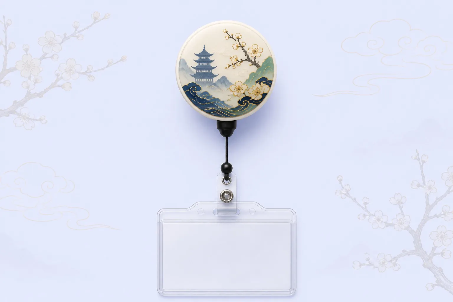 Badge reel with plum blossom and cloud motifs, closing scene