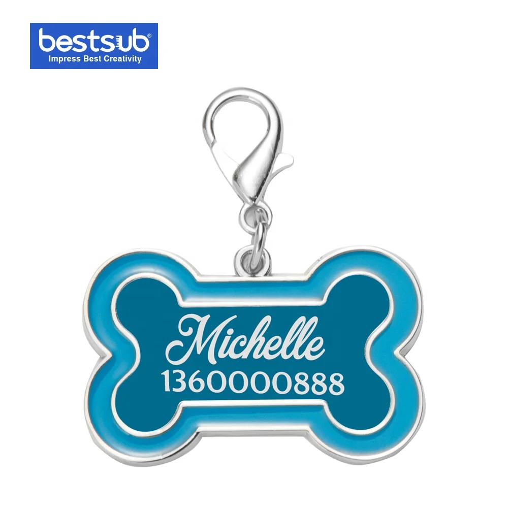 

Bestsub Wholesale Custom Blue Edge Stainless Steel Bone Shaped Sublimation Blanks Military Id Name Link Chain Necklace Dog Tag, 4 colors