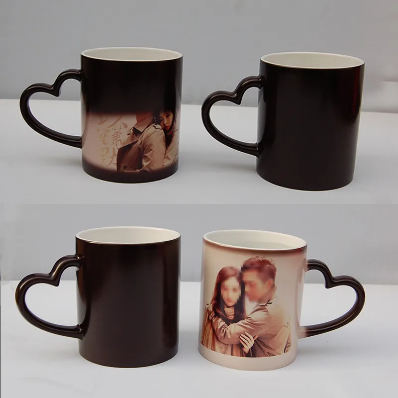

ShouTao hotsale 11oz custom porcelain cups heat sensitive color changing magic black sublimation ceramic coated heart handle mug, As a picture/ custom